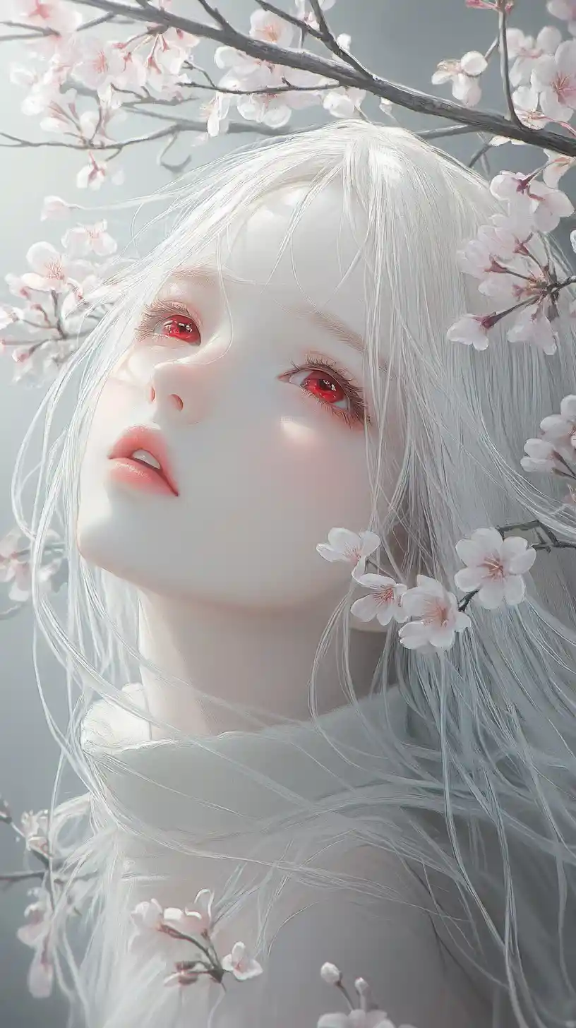 벚꽃과 붉게 빛나는 눈을 가진 애니메이션 소녀