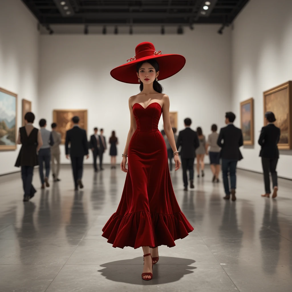 Confident woman in red couture walking through art gallery