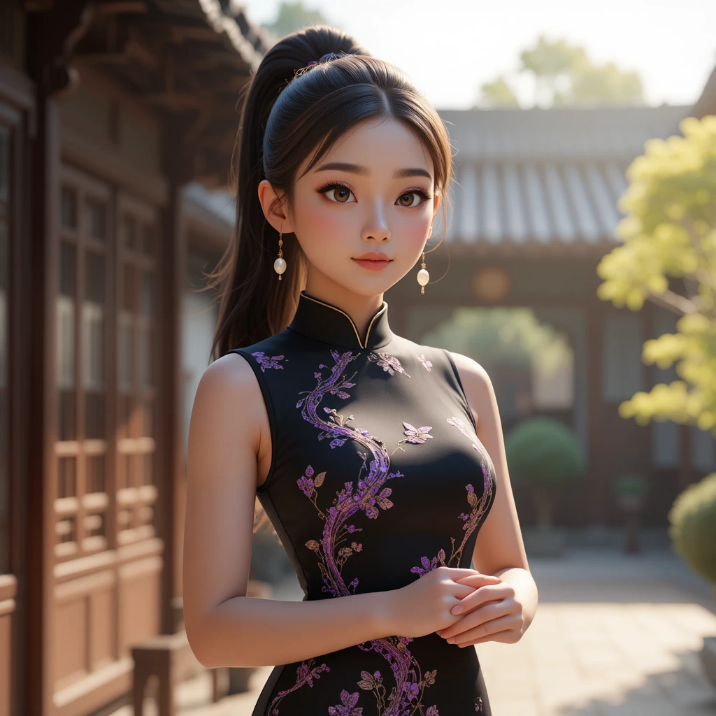 中庭のインテリアに立つ黒いシルクドレスのエレガントな少女