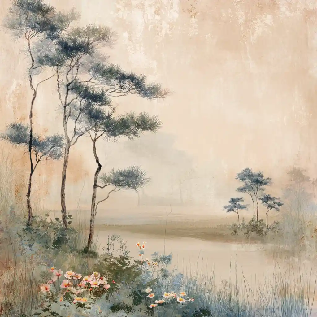 Serene misty landscape with whispering trees and flowers
