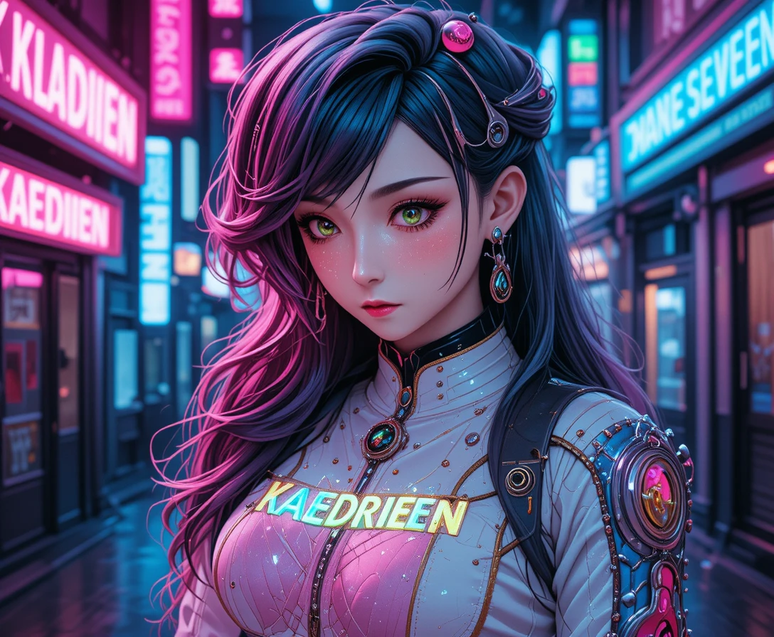 Chica de anime con chaqueta cyberpunk bajo las luces de neón de la ciudad
