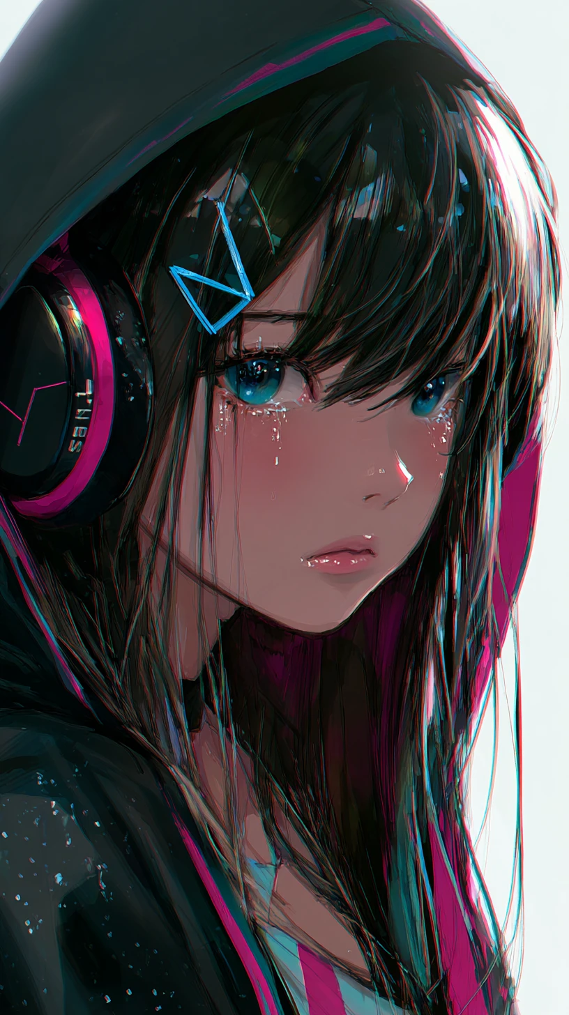 Sad anime girl with headphones in dramatic close up portrait