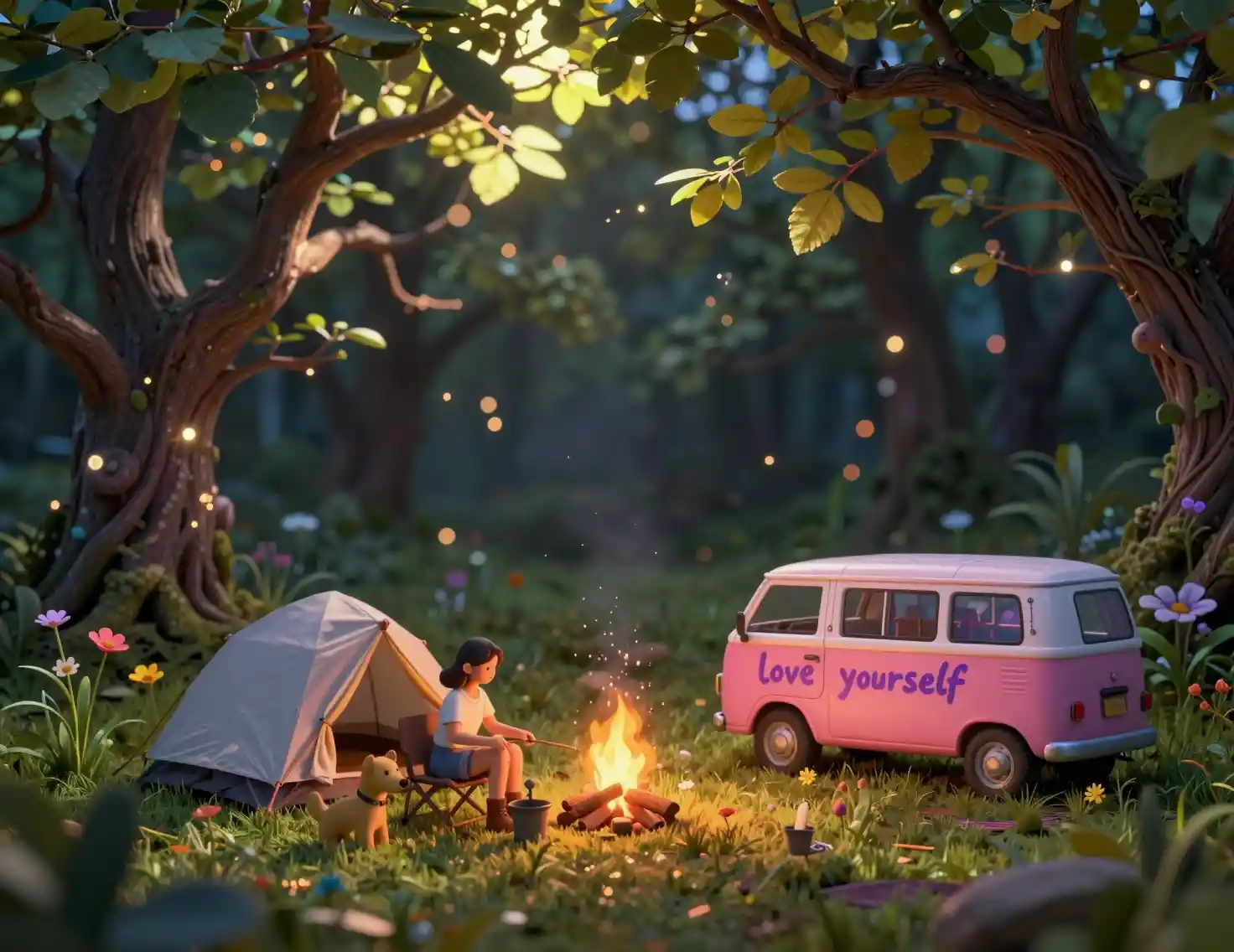 Girl and dog cooking by a campfire at forest campsite