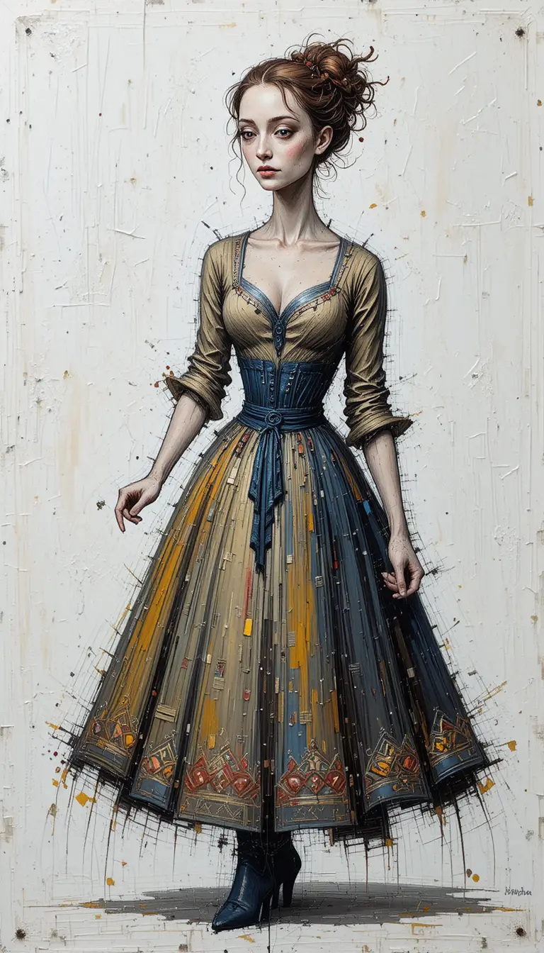 Naive impasto painting of a girl in an old dress