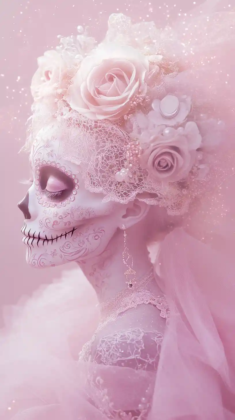 Mystical sugar skull with roses and ethereal pastel glow