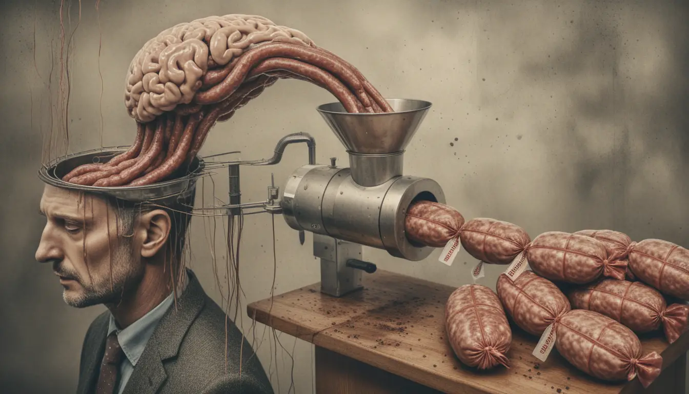 Surreal brain flowing into a mechanical sausage maker