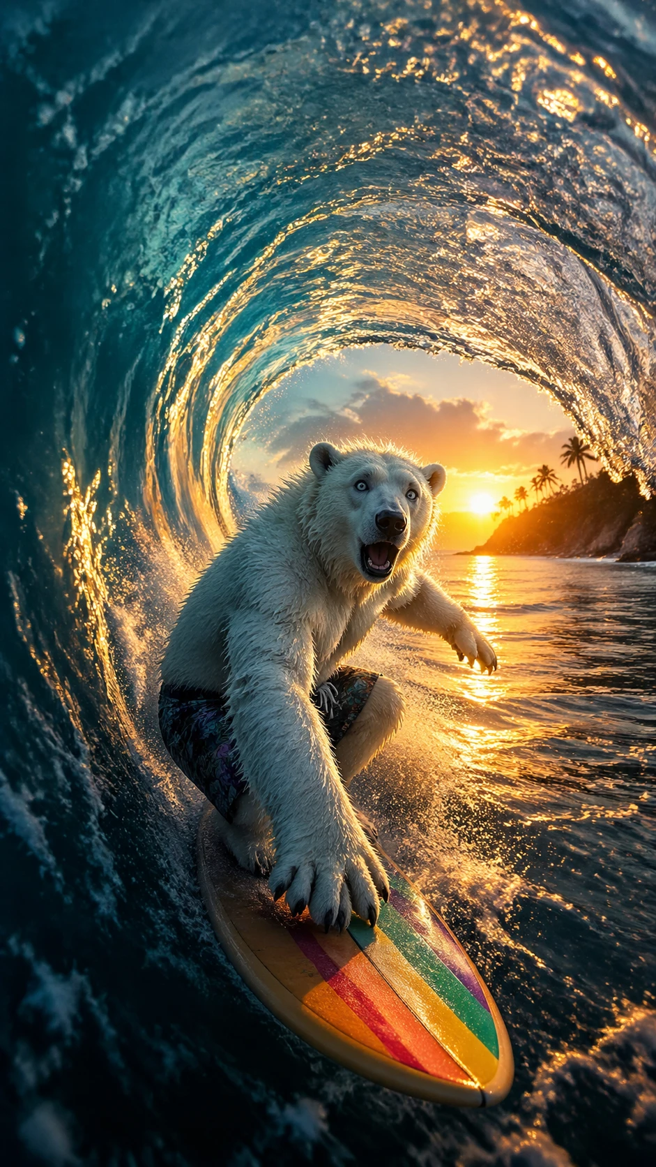 Orso surfista antropomorfo dentro di un'onda oceanica luminosa