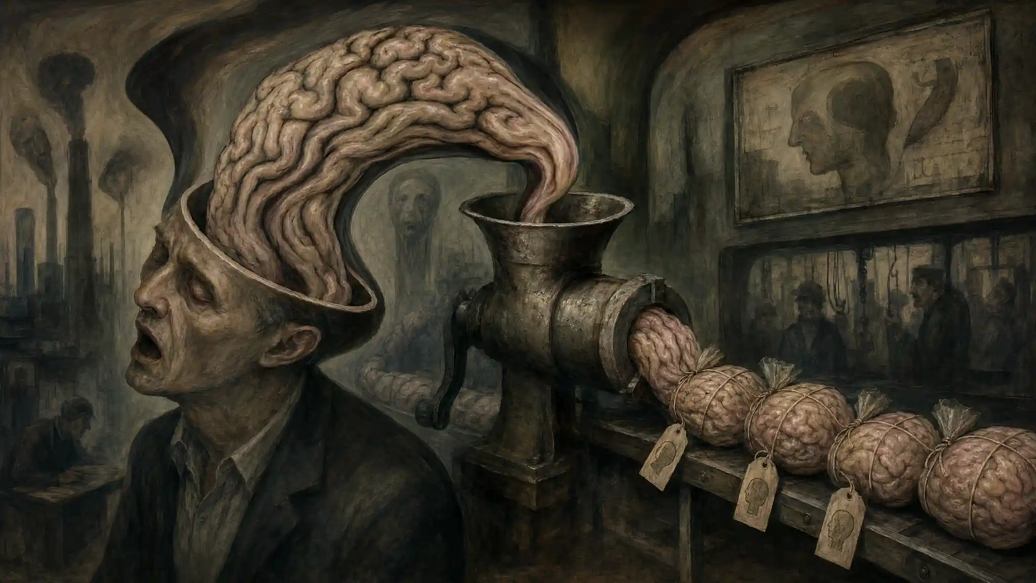 Surreal man with warped brain flowing into sausage maker