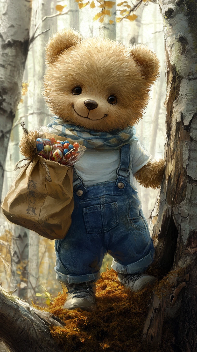 Ours en Peluche Souriant avec des Bonbons dans une Forêt de Bouleaux