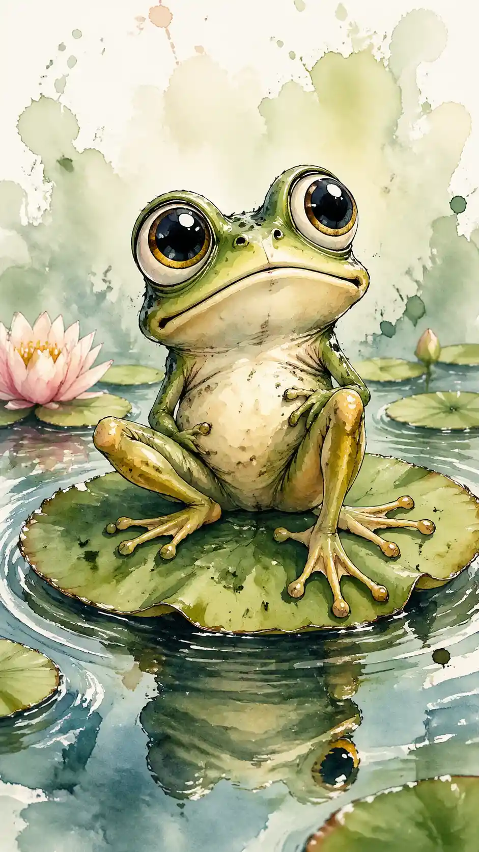 Playful frog with big eyes on a lily pad watercolor