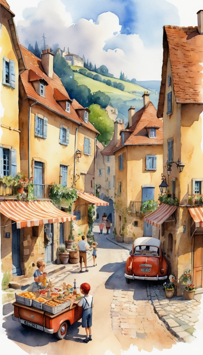 Colorful watercolor illustration of a warm old village festival