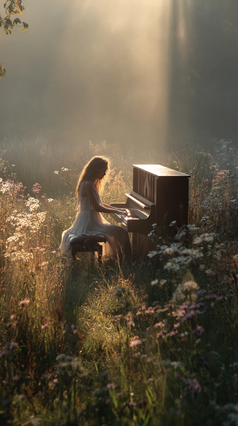 Woman in summer dress playing piano in wildflower field