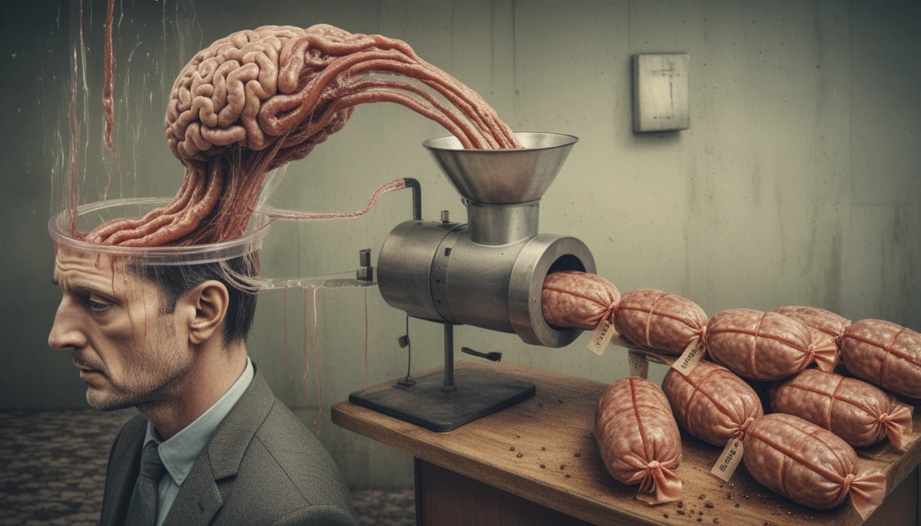 Surreal brain spilling into a mechanical sausage maker