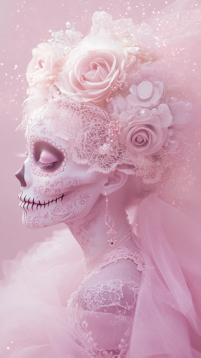 Mystical sugar skull with roses and ethereal pastel glow