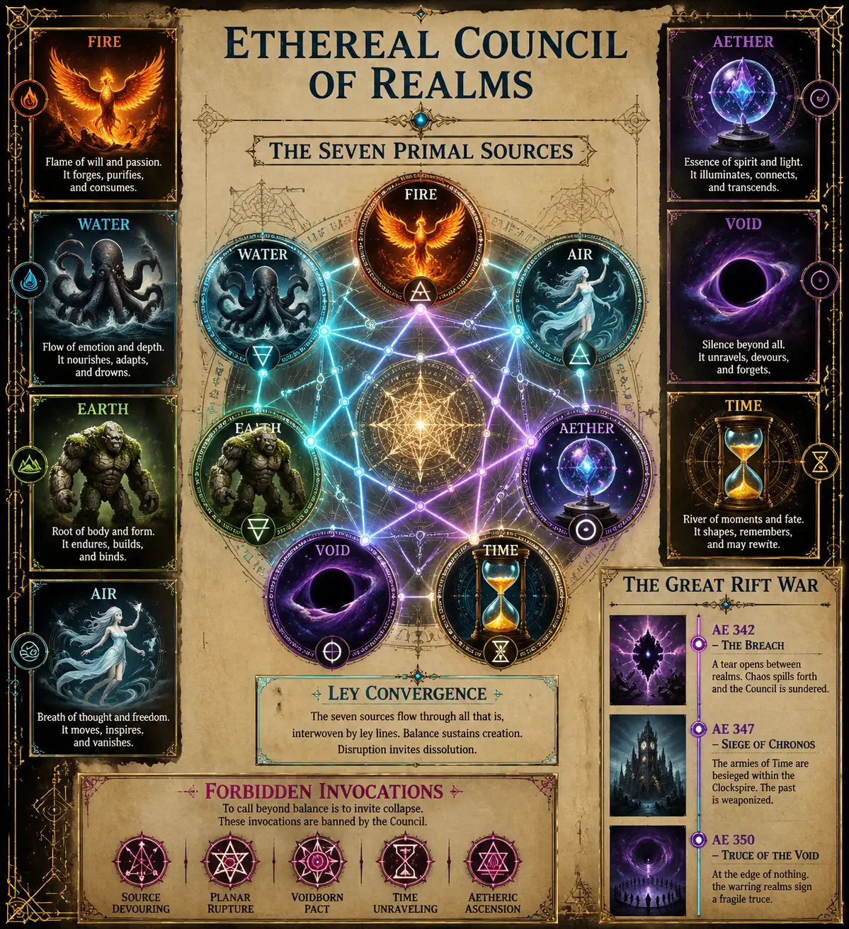 Ethereal council infographic of seven elemental planes diagram