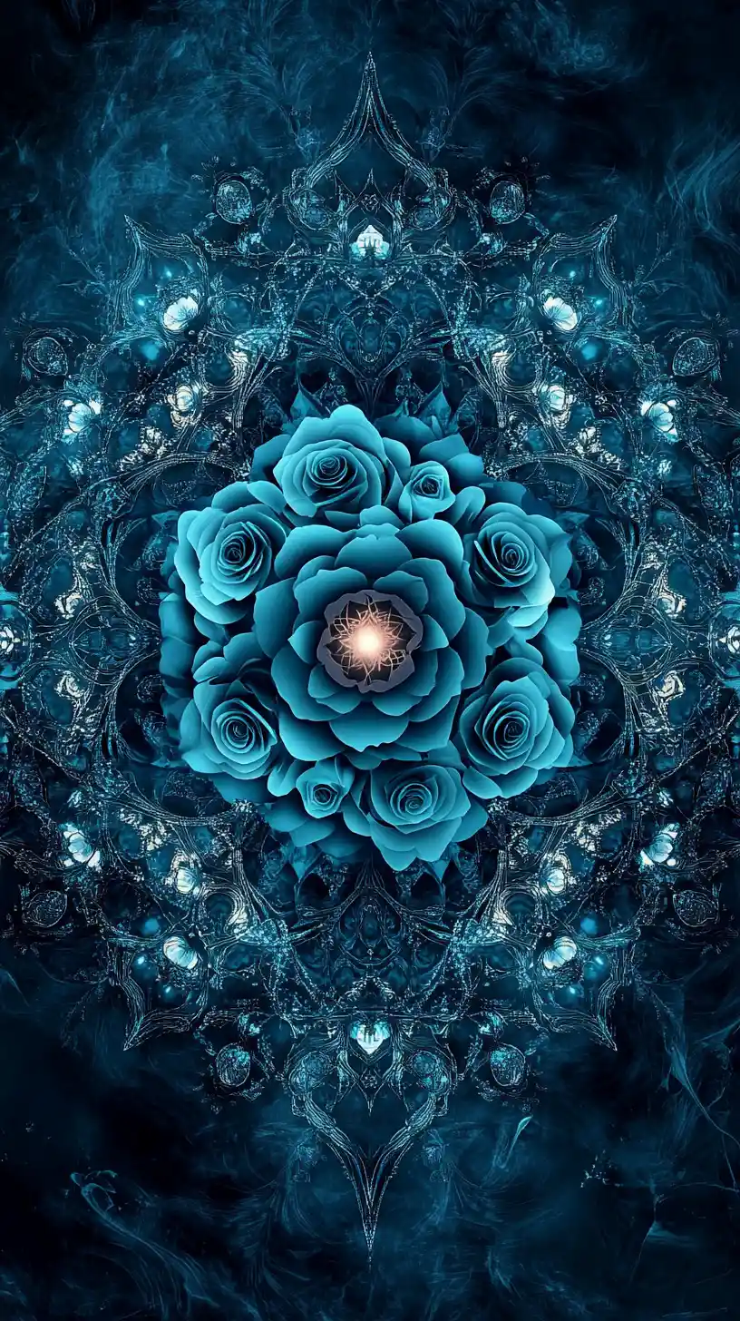 Teal rose mandala with gothic ornamental symmetry