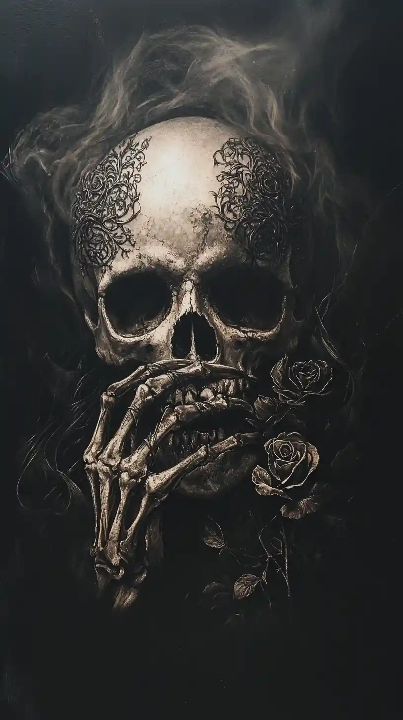 Gothic skull with skeletal hands and blooming roses