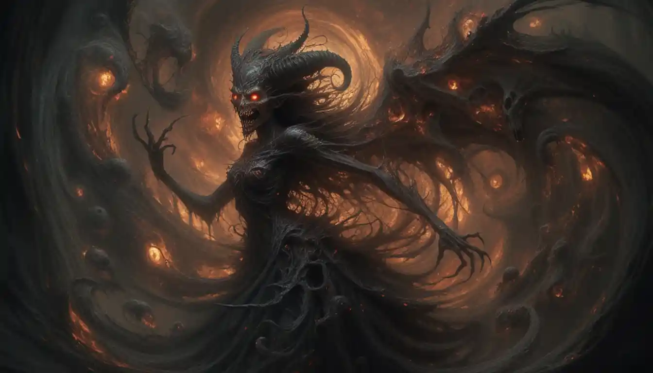 Demon woman swirling in a maelstrom of tortured souls
