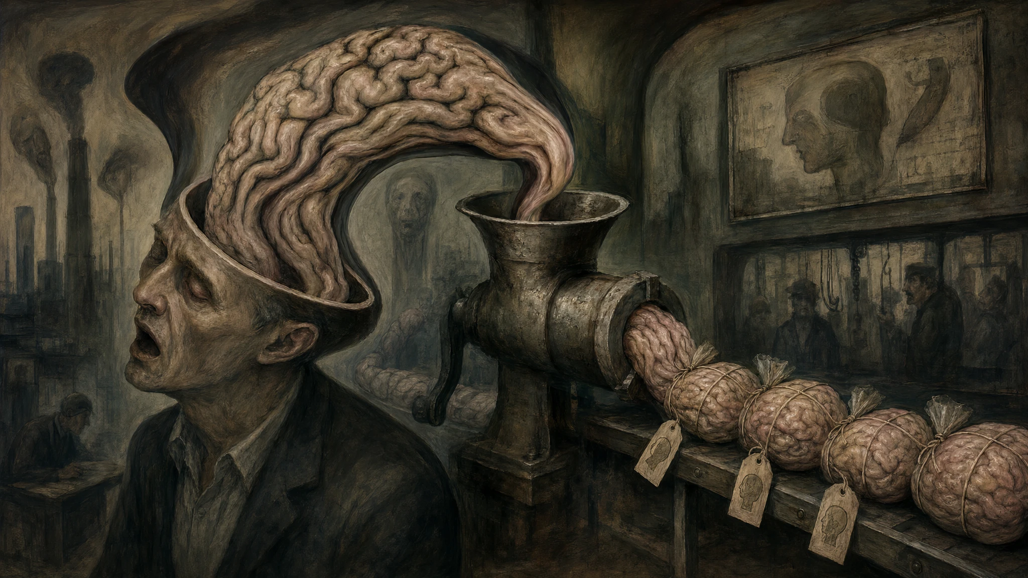 Surreal man with warped brain flowing into sausage maker