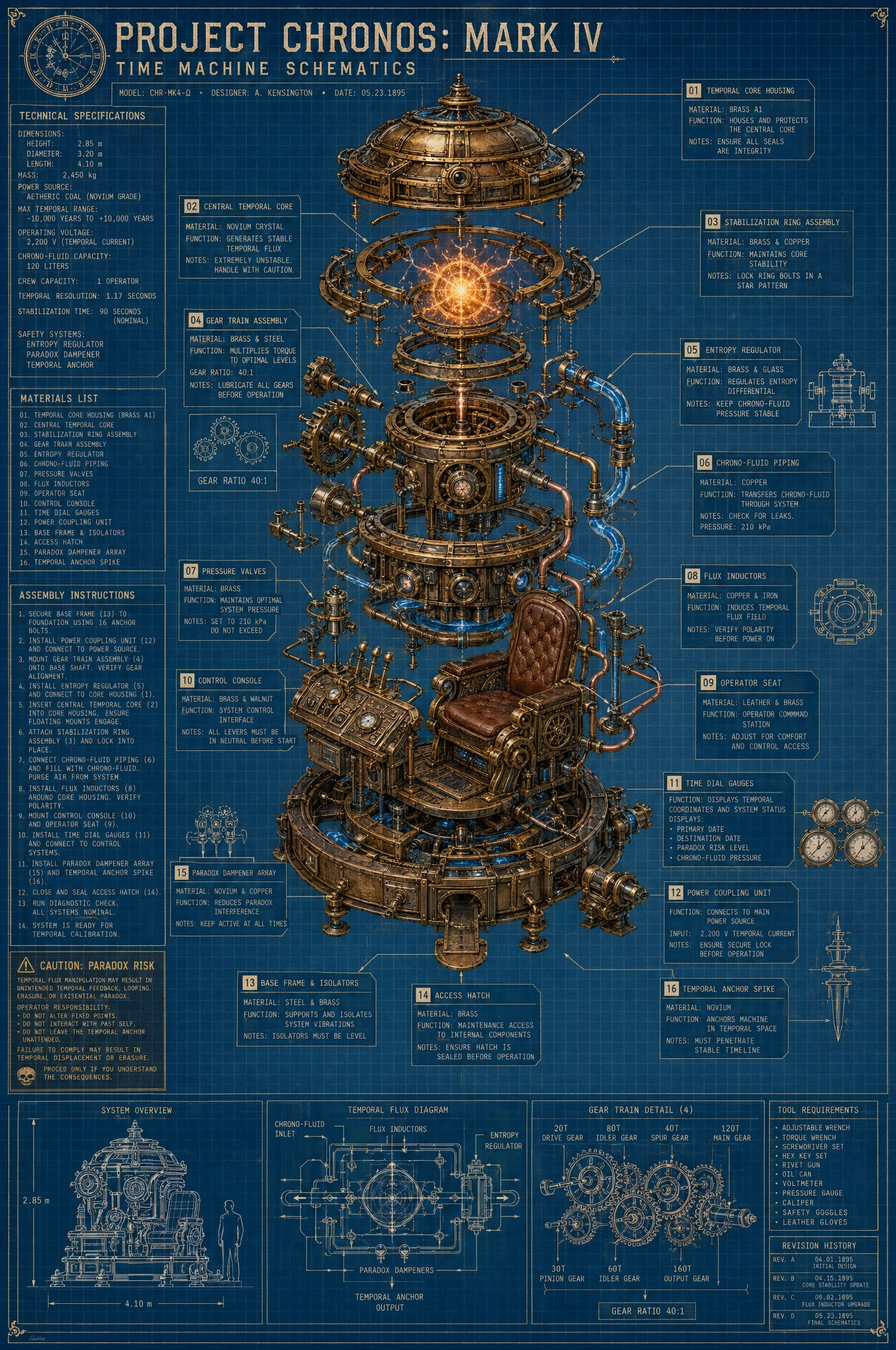 Steampunk Time Machine Technical Blueprint Exploded View Poster