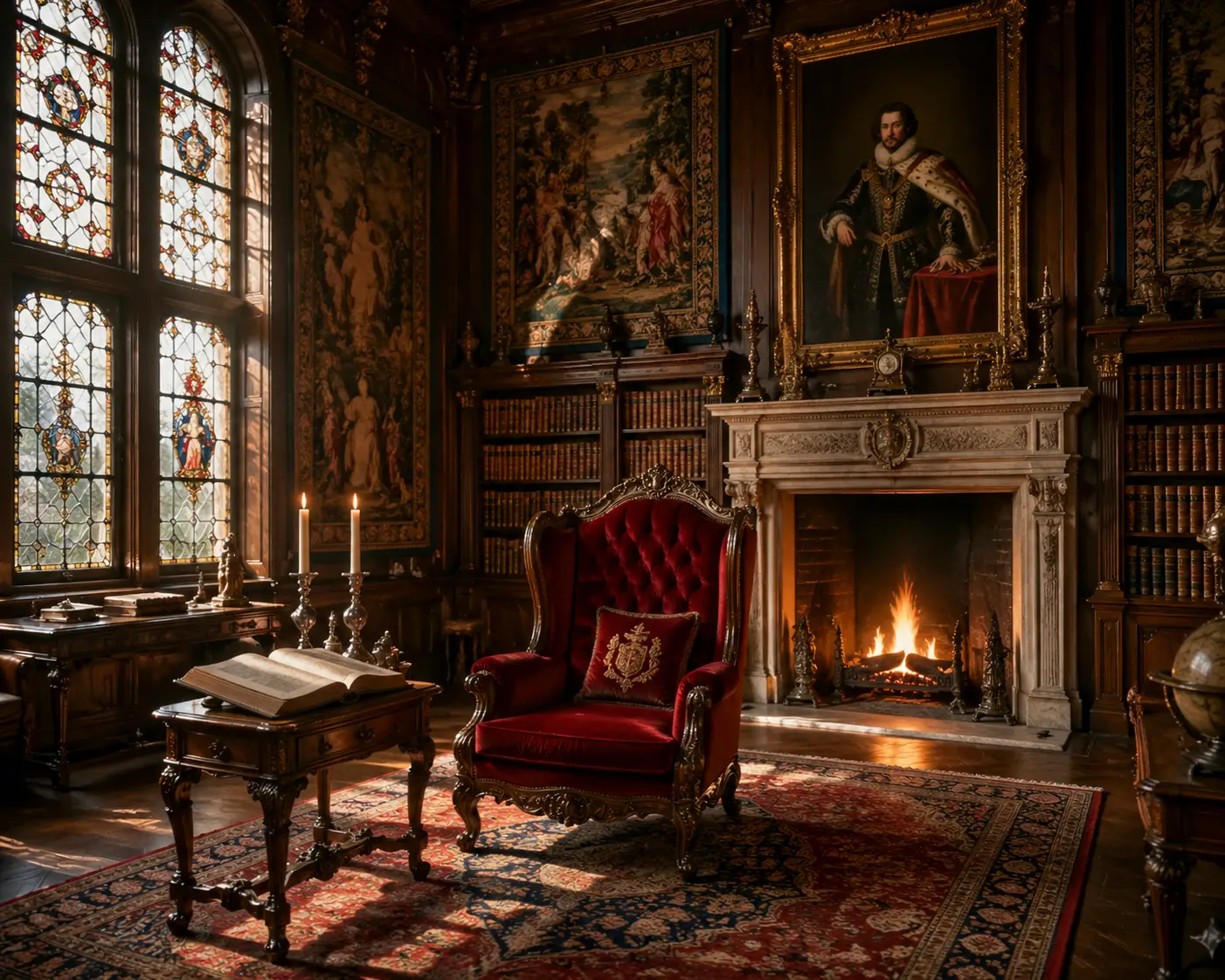 Sunlit noble library with velvet armchair and fireplace