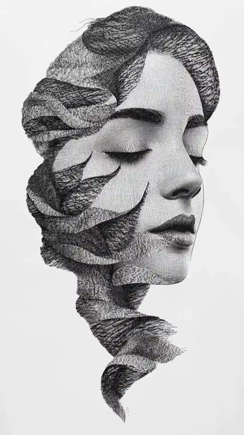 Pointillist portrait of a woman veiled by intertwined braids