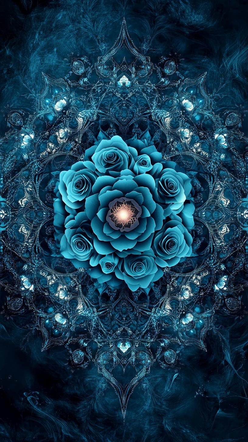 Mandala de rosas color verde azulado con simetría gótica ornamental