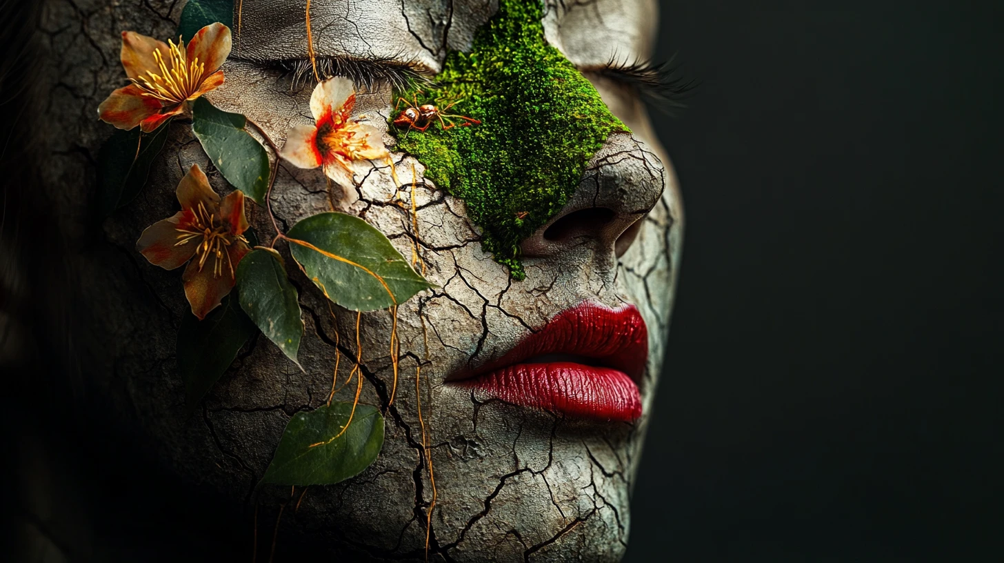 Retrato surreal de doble rostro con contraste entre naturaleza y decadencia