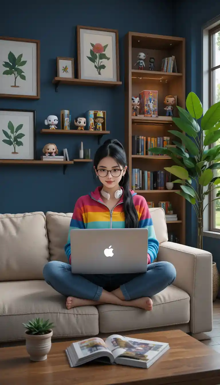 Young woman working on laptop in cozy blue living room