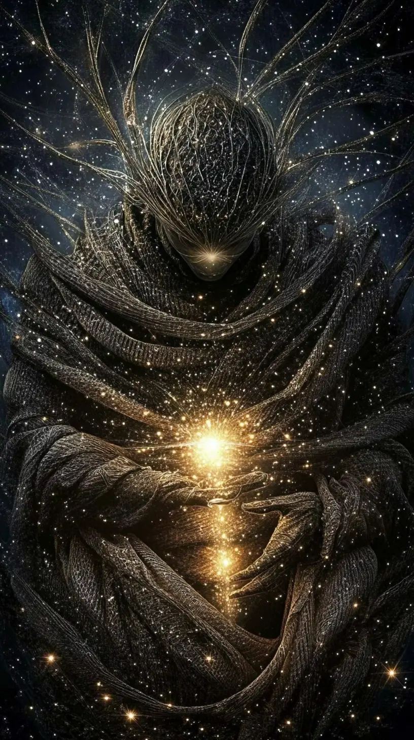 Luminescent firefly humanoid glowing softly under starry sky