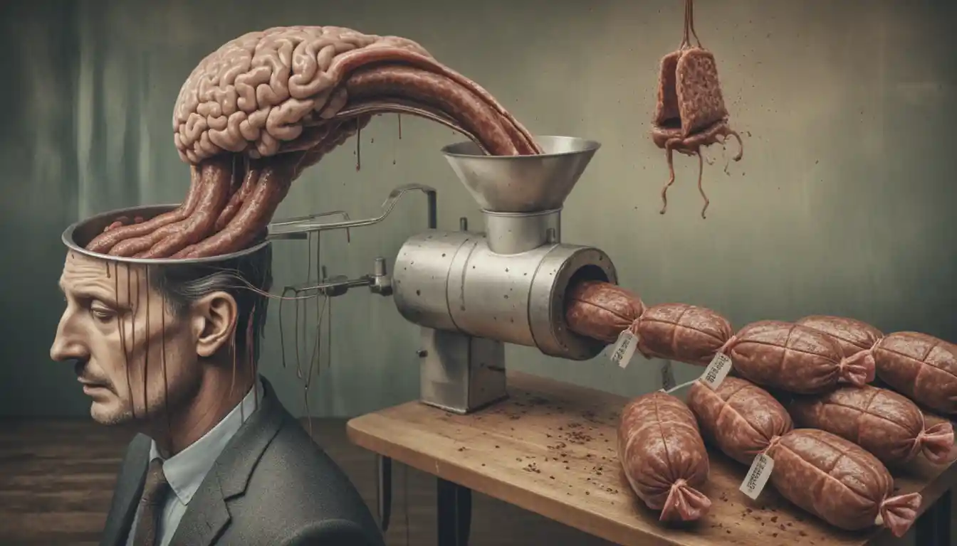 Cervello surreale che fluisce da un uomo in un insaccatore
