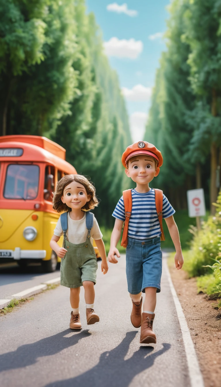 Pixar style clay girl cycling through a French village