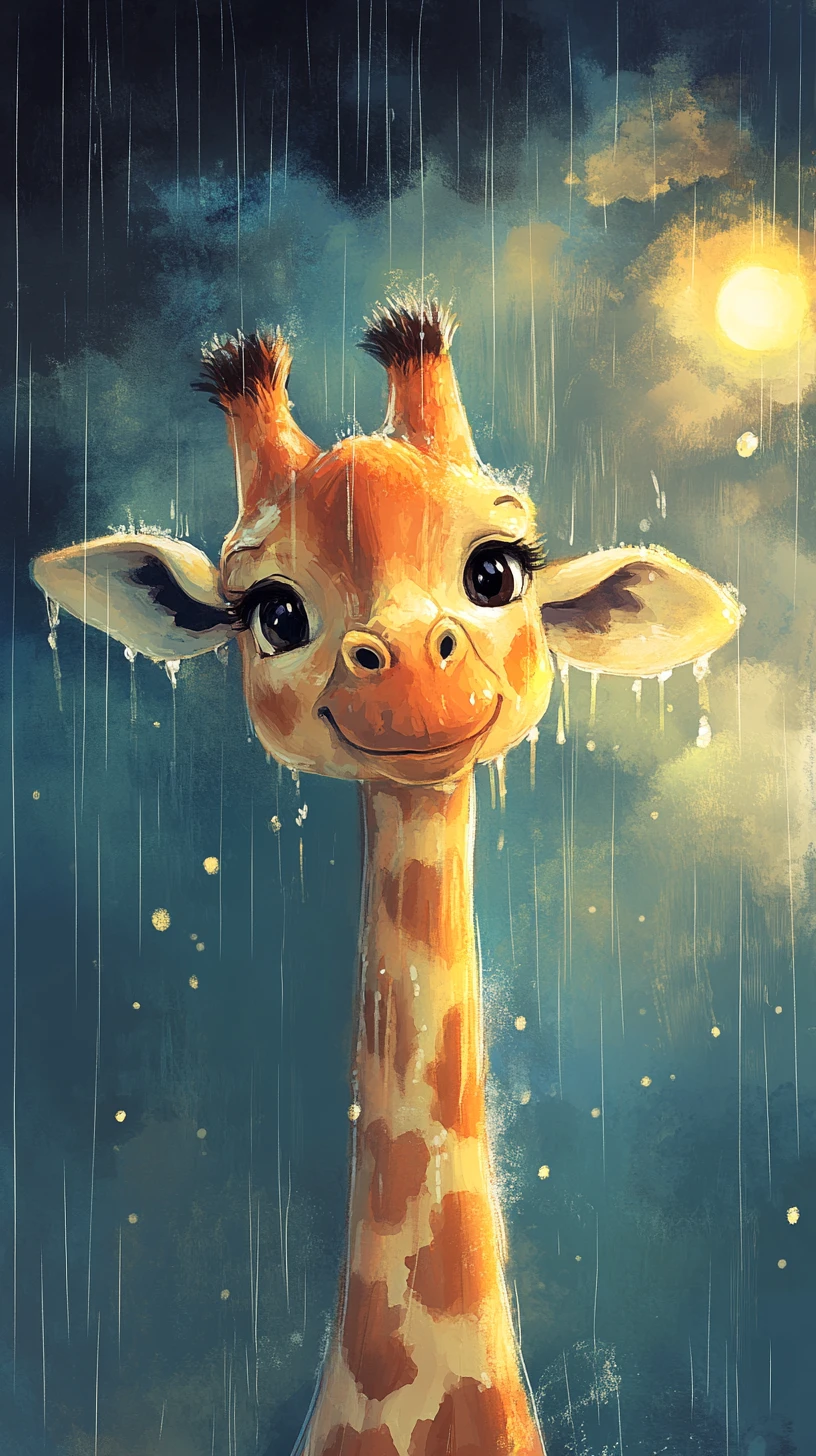 Girafe chibi debout sous la pluie au soleil éclatant
