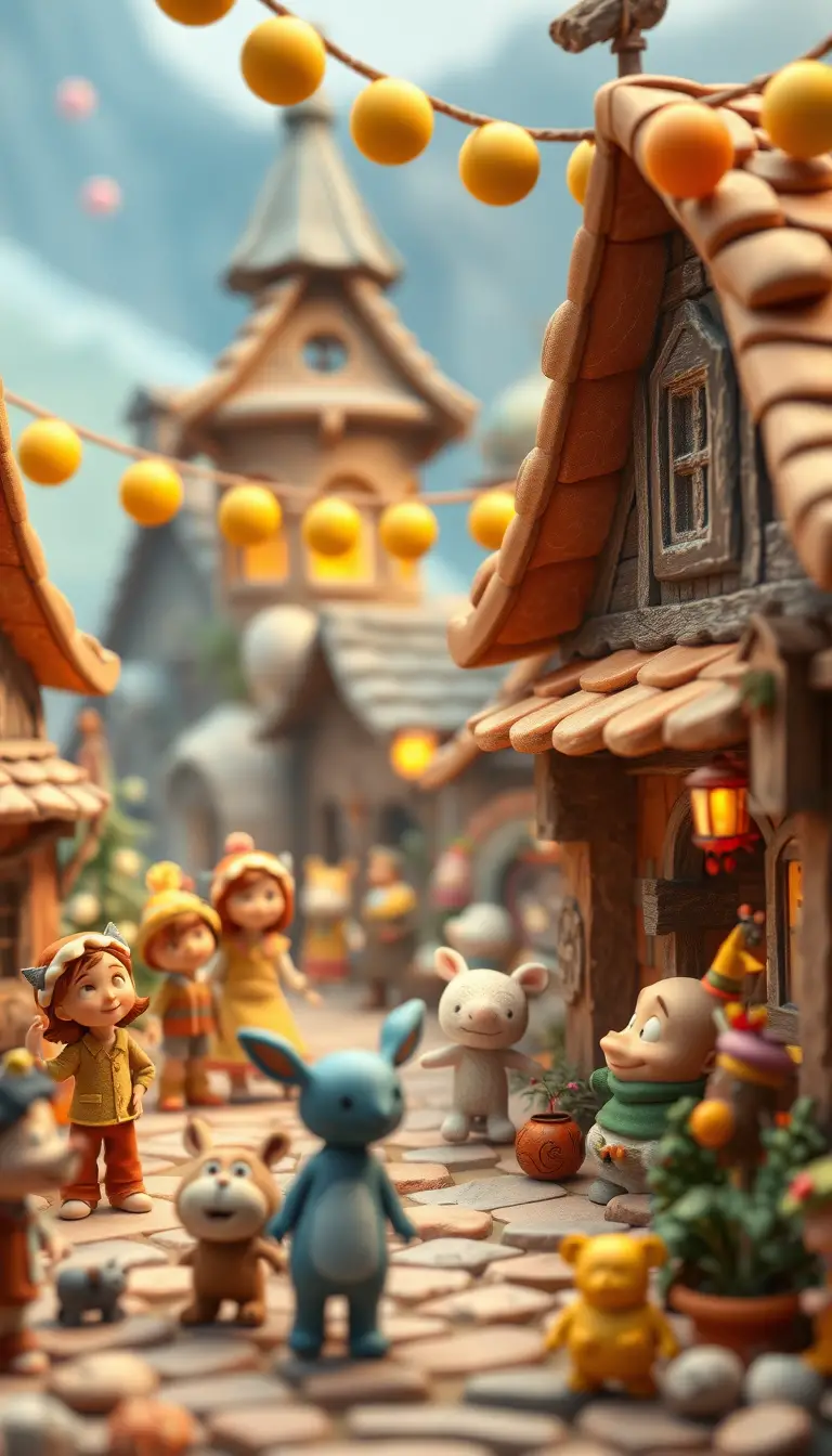 Colorful village party scene in playful cartoon style