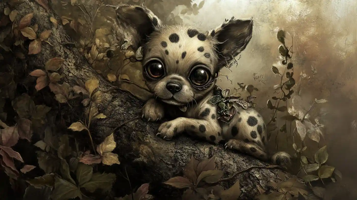 Whimsical gothic puppy on roots in dreamy forest glow
