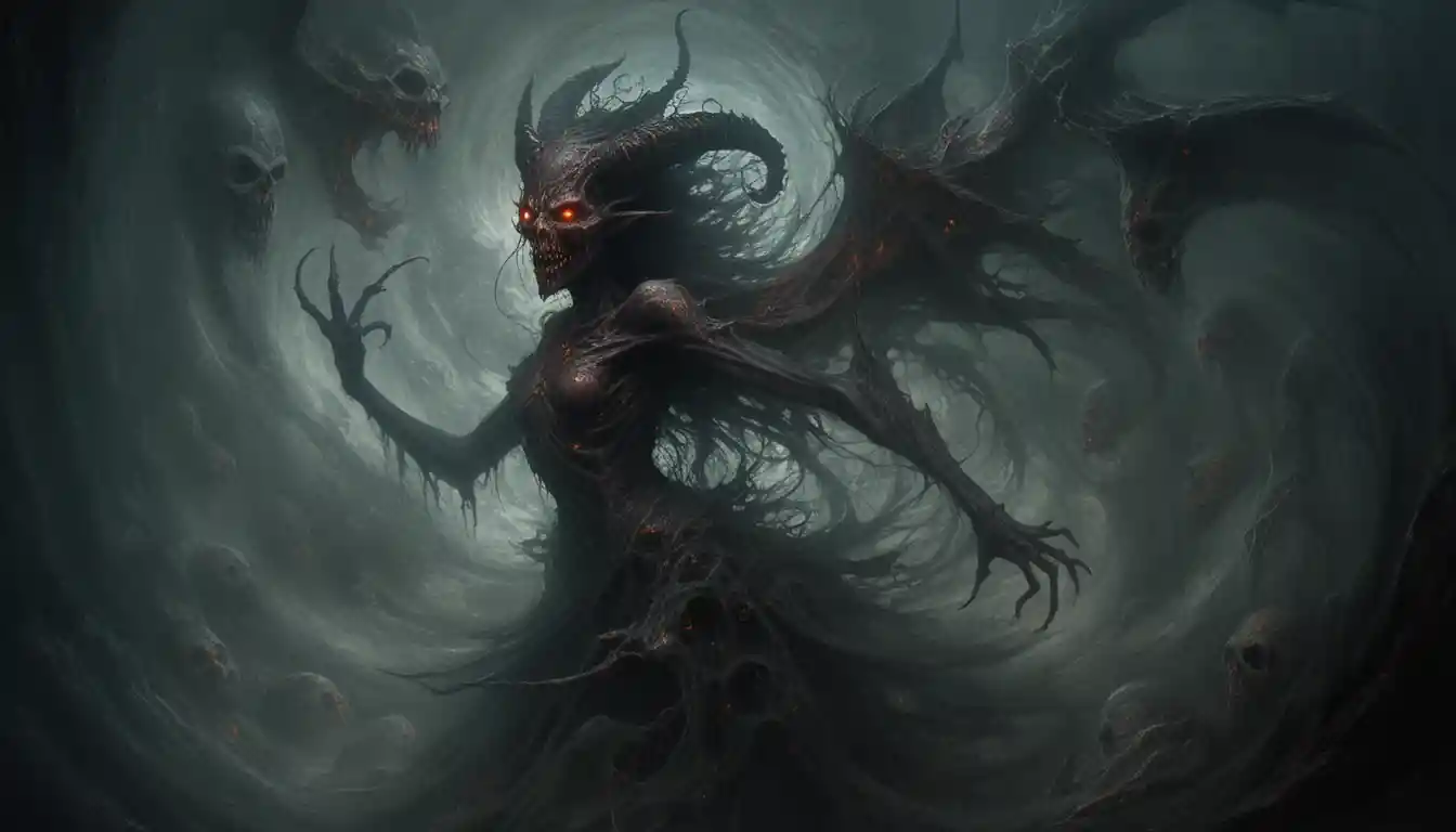Demonic figure swirling in a maelstrom of tortured souls