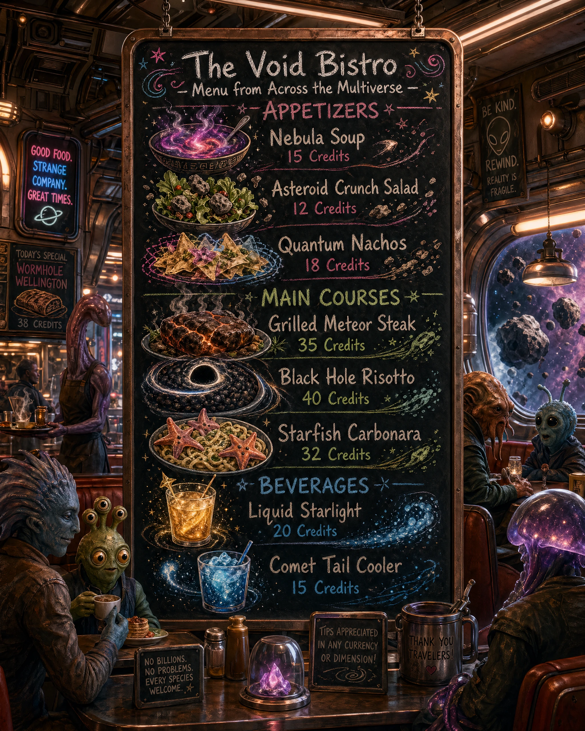 Cozy alien diner chalkboard menu from across the multiverse