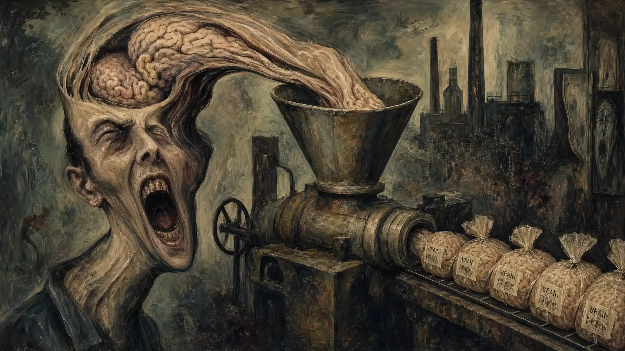 Surreal Brain Pouring From Screaming Man Into Grinder