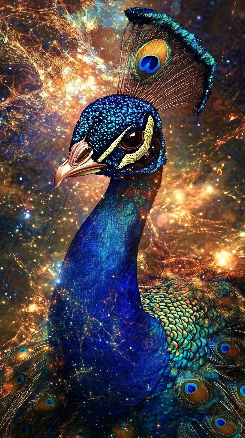 Close up digital portrait of a luminous peacock