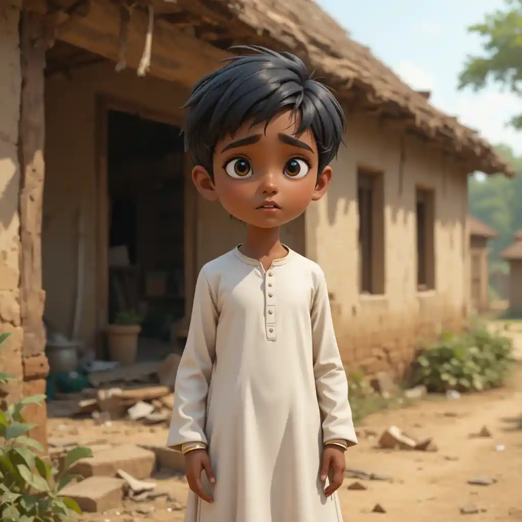 Sad village boy in white shalwar kameez standing by ruined house