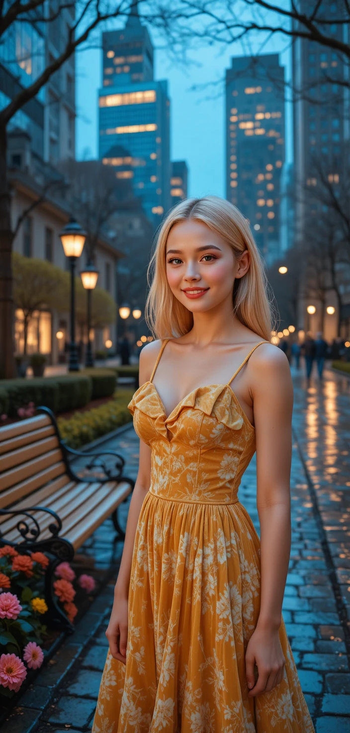 Joyful blonde girl in yellow dress in glowing city park
