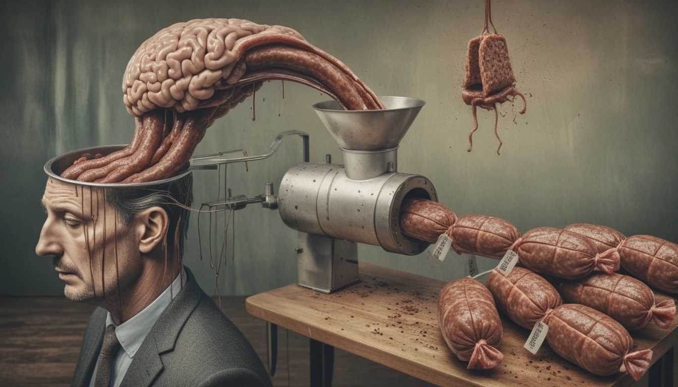 Cervello surreale che fluisce da un uomo in un insaccatore