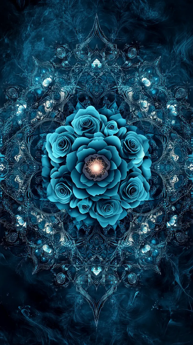 Teal rose mandala with gothic ornamental symmetry