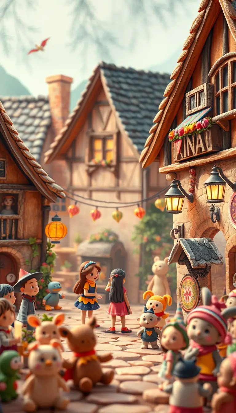 Colorful cartoon village party scene with many characters
