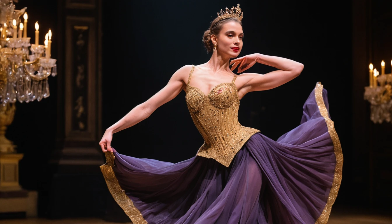 Queen in red and gold gown on spotlighted stage