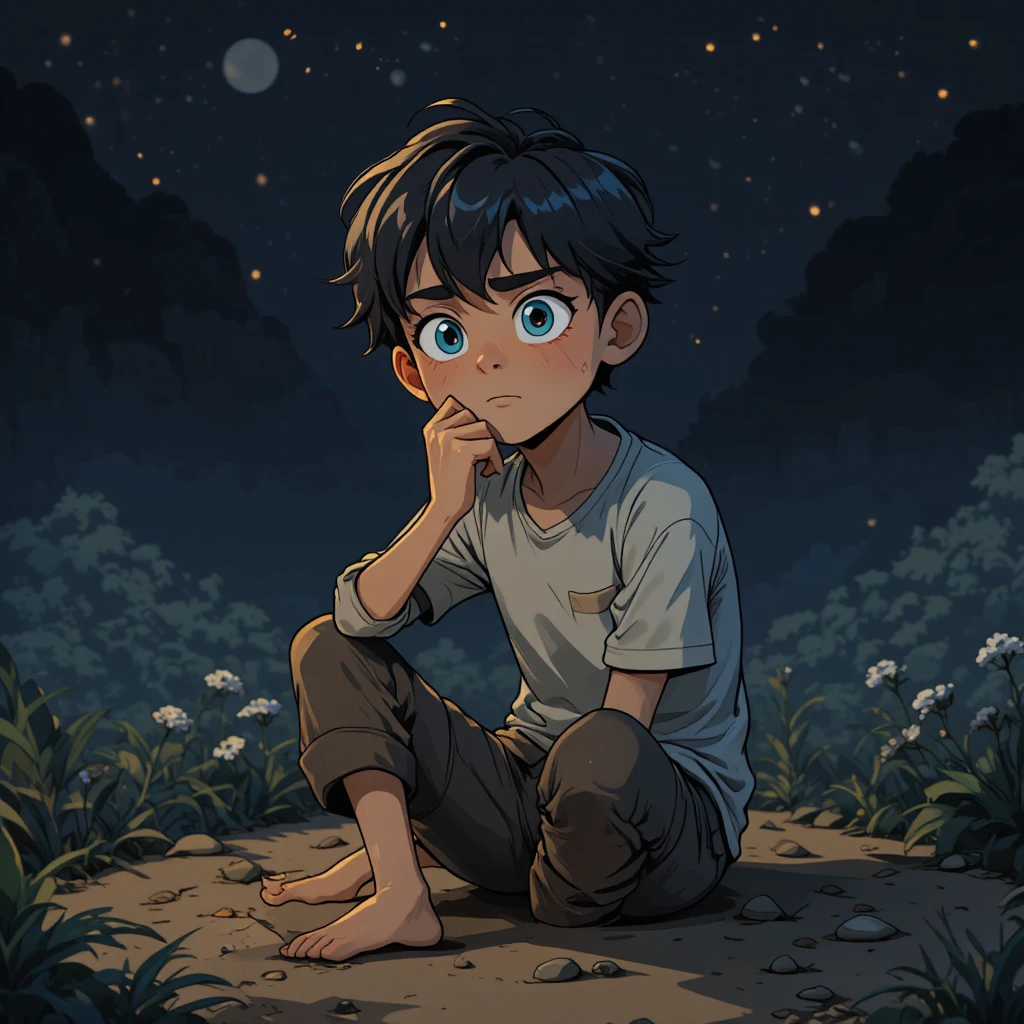 Teenage village boy sitting alone in a dark night scene