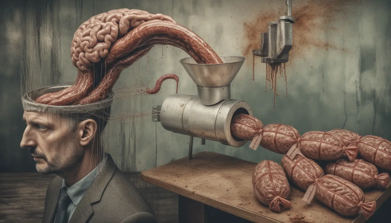 Surreal Brain Flowing From Man Into Sausage Machine