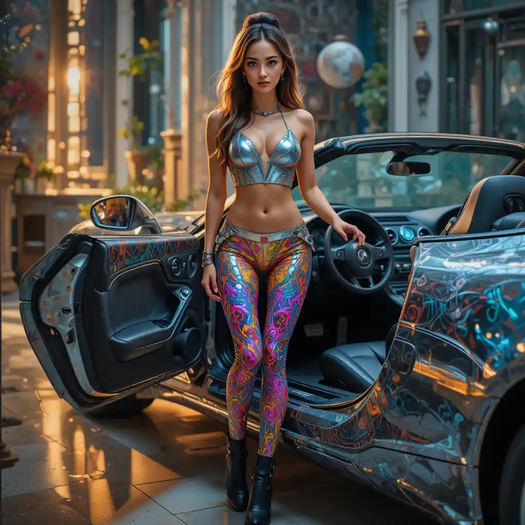 Suntanned woman by futuristic convertible in warm dreamy light