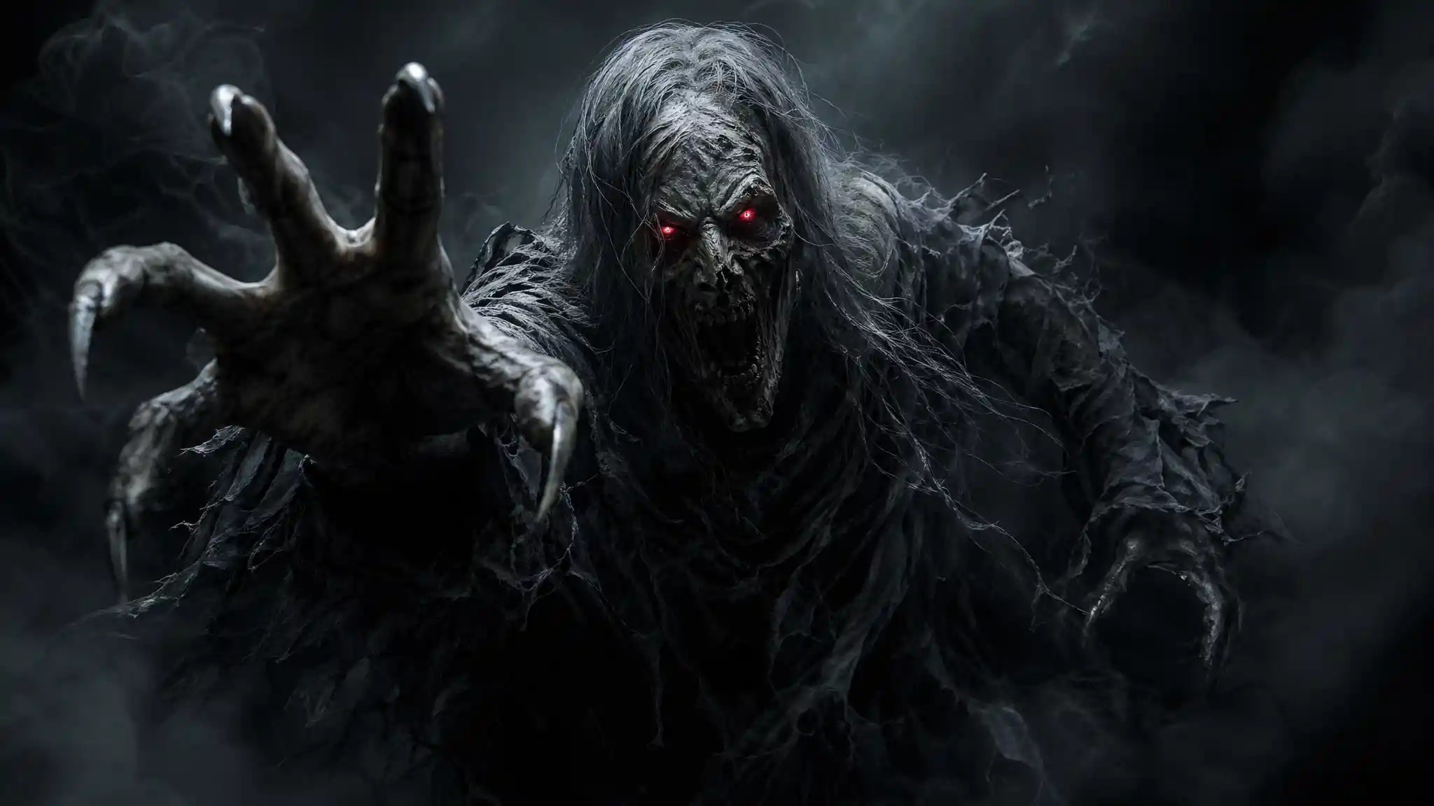Terrifying hyperreal ghost with fiery red eyes and claws