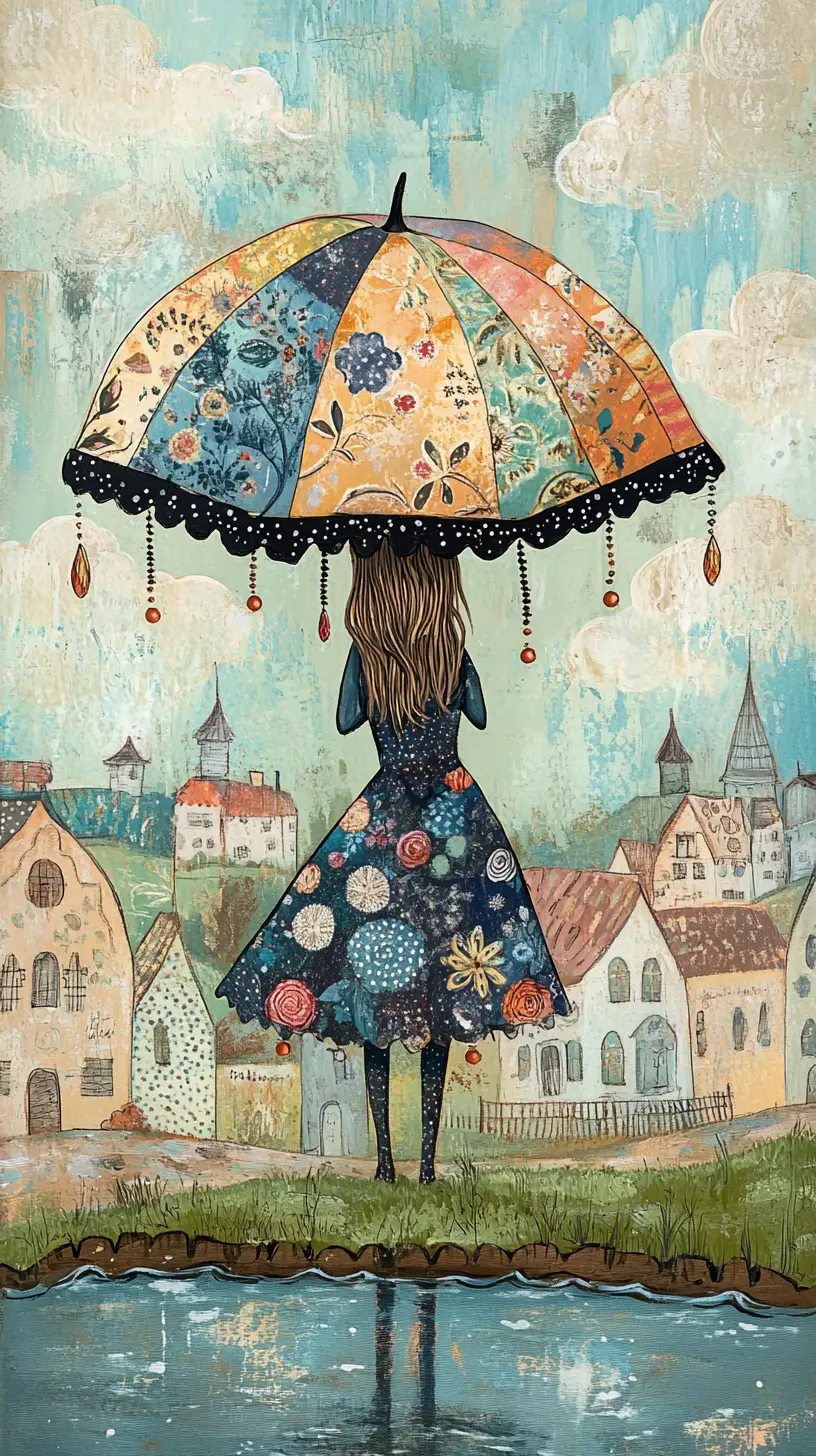 Ragazza folk art sotto un ombrello patchwork vicino all’acqua